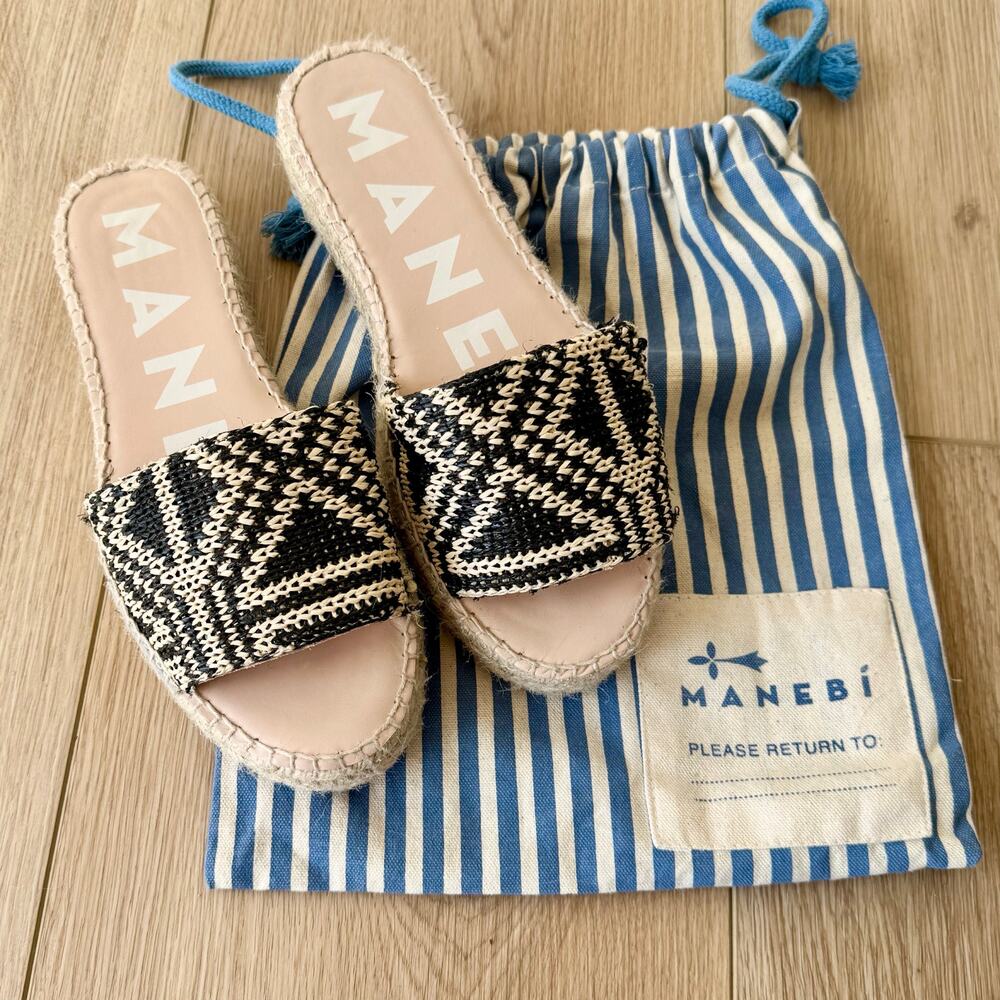 Manebi Yucatán Raffia Black Natural Double Soled Sandals 39 8.5